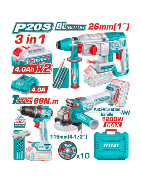 KIT OUTILLAGES 3EN1 + ACC 20V 2.4AH/CH TCKLI202598